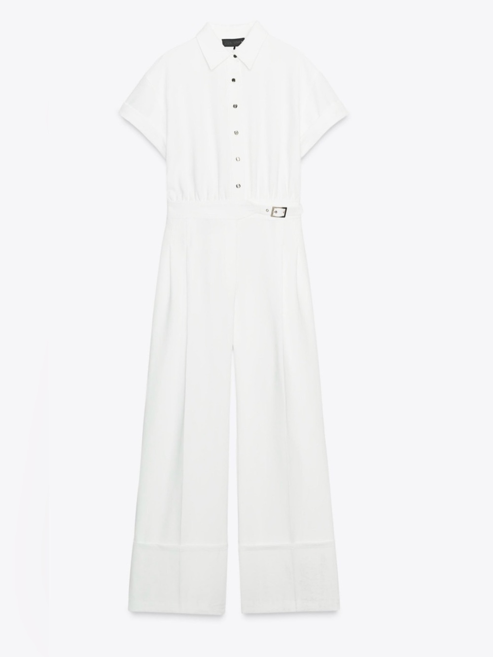 Zara White Short-Sleeve Belted Jumpsuit